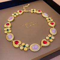 Retro Heart Shape Flower Metal Inlay Artificial Gemstones Women's Bracelets Earrings Necklace sku image 3