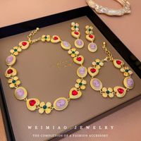 Retro Heart Shape Flower Metal Inlay Artificial Gemstones Women's Bracelets Earrings Necklace main image 1