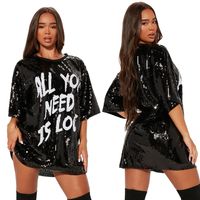 Women's A-line Skirt Casual Punk Round Neck Sequins Patchwork Half Sleeve Letter Knee-length Daily main image 3