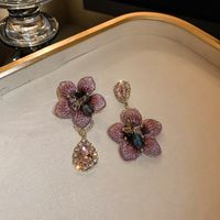 1 Paar Glam Blumen Tuch Kupfer Inlay Künstliche Kristall Strass Steine Tropfen Ohrringe main image 3