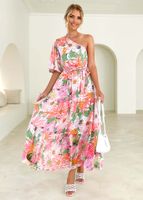 Women's Swing Dress Vacation Oblique Collar Printing Short Sleeve Flower Maxi Long Dress Holiday main image 4