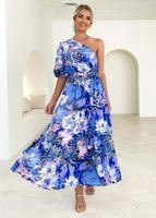Women's Swing Dress Vacation Oblique Collar Printing Short Sleeve Flower Maxi Long Dress Holiday main image 3