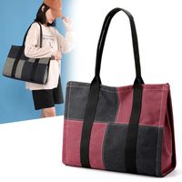 Women's Large Spring&summer Canvas Color Block Streetwear Square Zipper Tote Bag main image 4