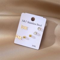 3 Pairs Simple Style Love Stainless Steel Inlay Zircon Ear Studs sku image 1