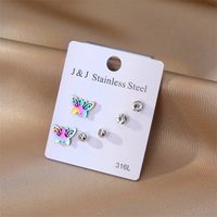 3 Pairs Elegant Butterfly Stainless Steel Inlay Zircon Ear Studs sku image 1