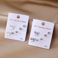 3 Pairs Elegant Butterfly Stainless Steel Inlay Zircon Ear Studs main image 5