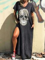 Mujeres Vestido De Camiseta Punk Ropa De Calle Cuello En V Impresión Manga Corta Cráneo Vestido Maxilargo Fiesta Calle sku image 1