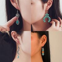 Vintage Style Moon Flower Alloy Metal Brass Inlay Turquoise Rhinestones Zircon Gold Plated Rhodium Plated Silver Plated Women's Drop Earrings main image 4