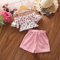 Casual Flower Double Button Backless Cotton Girls Clothing Sets main image 5