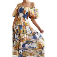 Frau Swing-kleid Sexy Pastoral Bootshals Drucken Kurzarm Ditsy Blumig Maxi Langes Kleid Ferien Reisen main image 2