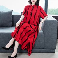 Women's Regular Dress Tea Dress Casual Elegant Shirt Collar Washed Short Sleeve Splicing Stripe Solid Color Midi Dress Home Daily sku image 1