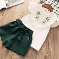 Casual Cute Simple Style Leaves Bow Knot Embroidery Lettuce Trim Cotton Girls Clothing Sets sku image 6