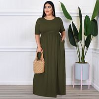 Commute Solid Color Round Neck Half Sleeve Rib-knit Maxi Long Dress Pleated Skirt main image 5