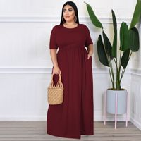 Commute Solid Color Round Neck Half Sleeve Rib-knit Maxi Long Dress Pleated Skirt main image 6