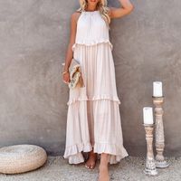Women's Tiered Skirt Casual Boat Neck Patchwork Sleeveless Solid Color Maxi Long Dress Daily main image 4