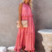 Women's Tiered Skirt Casual Boat Neck Patchwork Sleeveless Solid Color Maxi Long Dress Daily main image 5