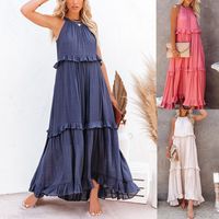 Women's Tiered Skirt Casual Boat Neck Patchwork Sleeveless Solid Color Maxi Long Dress Daily main image 6