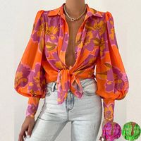 Women's Blouse Long Sleeve Blouses Printing Sexy Color Block main image video