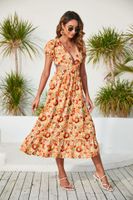 Bohemian Flower V Neck Short Sleeve Zipper Patchwork Midi Dress Irregular Skirt main image 2