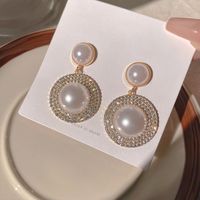 Vintage Style Exaggerated Roman Style Round Alloy Three-dimensional Inlay Artificial Pearls Zircon Women's Drop Earrings sku image 1