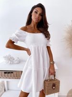 Women's Regular Dress Basic Simple Style Off Shoulder Boat Neck Elastic Waist Frill Ruched Short Sleeve Simple Solid Color Knee-length Daily Street main image 3
