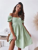Women's Regular Dress Basic Simple Style Off Shoulder Boat Neck Elastic Waist Frill Ruched Short Sleeve Simple Solid Color Knee-length Daily Street main image 5