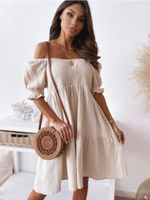 Women's Regular Dress Basic Simple Style Off Shoulder Boat Neck Elastic Waist Frill Ruched Short Sleeve Simple Solid Color Knee-length Daily Street main image 6