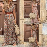 Women's Regular Dress Simple Style Classic Style V Neck Thigh Slit Slit Drawstring Short Sleeve Ditsy Floral Maxi Long Dress Outdoor Daily Festival main image 8