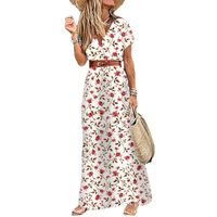 Women's Regular Dress Simple Style Classic Style V Neck Thigh Slit Slit Drawstring Short Sleeve Ditsy Floral Maxi Long Dress Outdoor Daily Festival main image 4