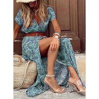 Women's Regular Dress Simple Style Classic Style V Neck Thigh Slit Slit Drawstring Short Sleeve Ditsy Floral Maxi Long Dress Outdoor Daily Festival main image 5