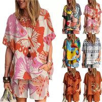 Women's Casual Preppy Style Human Face Butterfly Linen Spandex Polyester Printing Shorts Sets main image 1