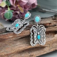Vintage Style Butterfly Metal Plating Inlay Turquoise Silver Plated Women's Drop Earrings main image 3
