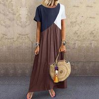 Women's Regular Dress Casual Vintage Style Round Neck Patchwork Washed Short Sleeve Solid Color Maxi Long Dress Casual Daily main image 3