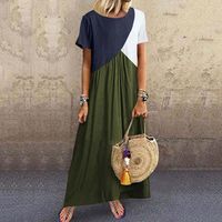 Women's Regular Dress Casual Vintage Style Round Neck Patchwork Washed Short Sleeve Solid Color Maxi Long Dress Casual Daily main image 7