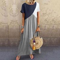 Women's Regular Dress Casual Vintage Style Round Neck Patchwork Washed Short Sleeve Solid Color Maxi Long Dress Casual Daily main image 9