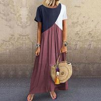 Women's Regular Dress Casual Vintage Style Round Neck Patchwork Washed Short Sleeve Solid Color Maxi Long Dress Casual Daily main image 5