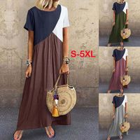 Women's Regular Dress Casual Vintage Style Round Neck Patchwork Washed Short Sleeve Solid Color Maxi Long Dress Casual Daily main image 1