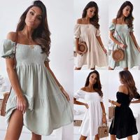 Women's Regular Dress Basic Simple Style Off Shoulder Boat Neck Elastic Waist Frill Ruched Short Sleeve Simple Solid Color Knee-length Daily Street main image 1