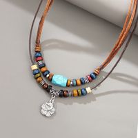 Vintage Style Geometric Color Block Flower Pu Leather Alloy Wax Line Plating Men's Pendant Necklace main image 2