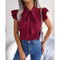 Women's Blouse Short Sleeve Blouses Bowknot Preppy Style Solid Color sku image 6