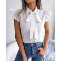 Women's Blouse Short Sleeve Blouses Bowknot Preppy Style Solid Color sku image 16