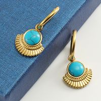 1 Pair Simple Style Round Sector Plating Inlay 304 Stainless Steel Turquoise 18K Gold Plated Drop Earrings main image 3