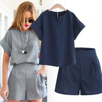 Women's Casual Basic Classic Style Simple Solid Color Linen Spandex Polyester Elastic Waist Shorts Sets main image 1