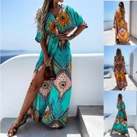 Women's Regular Dress Elegant V Neck Printing Short Sleeve Color Block Maxi Long Dress Holiday main image 6