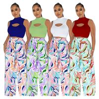 Women's Sexy Streetwear Color Block Polyester Printing Hollow Out Pants Sets main image 1