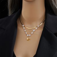 Wholesale Jewelry Baroque Style Butterfly Artificial Pearl Titanium Steel 18k Gold Plated Layered Necklaces main image 6