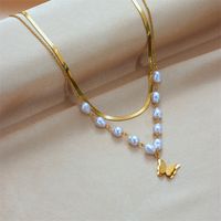 Wholesale Jewelry Baroque Style Butterfly Artificial Pearl Titanium Steel 18k Gold Plated Layered Necklaces main image 3
