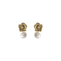 1 Pair Baroque Style Flower Freshwater Pearl Copper Drop Earrings main image 3
