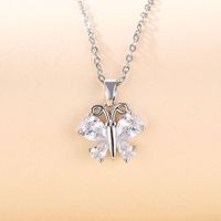 Stainless Steel White Gold Plated Elegant Plating Inlay Round Flower Butterfly Zircon Pendant Necklace main image 5