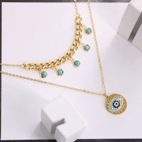 Casual Simple Style Round Devil's Eye Titanium Steel Plating Inlay Turquoise Rhinestones Layered Necklaces main image 2